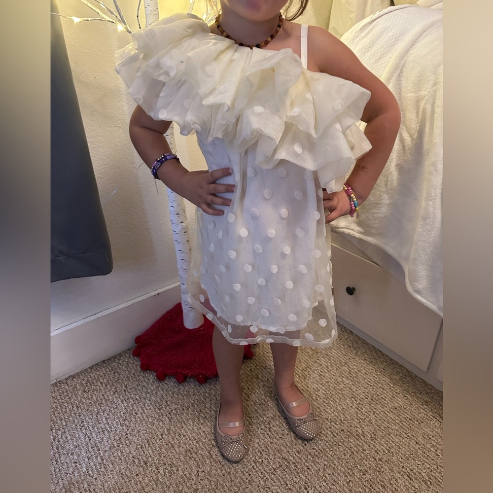 The cutest fancy little Marc Jacob’s Cream Off-Shoulder Dress with Polka Dots